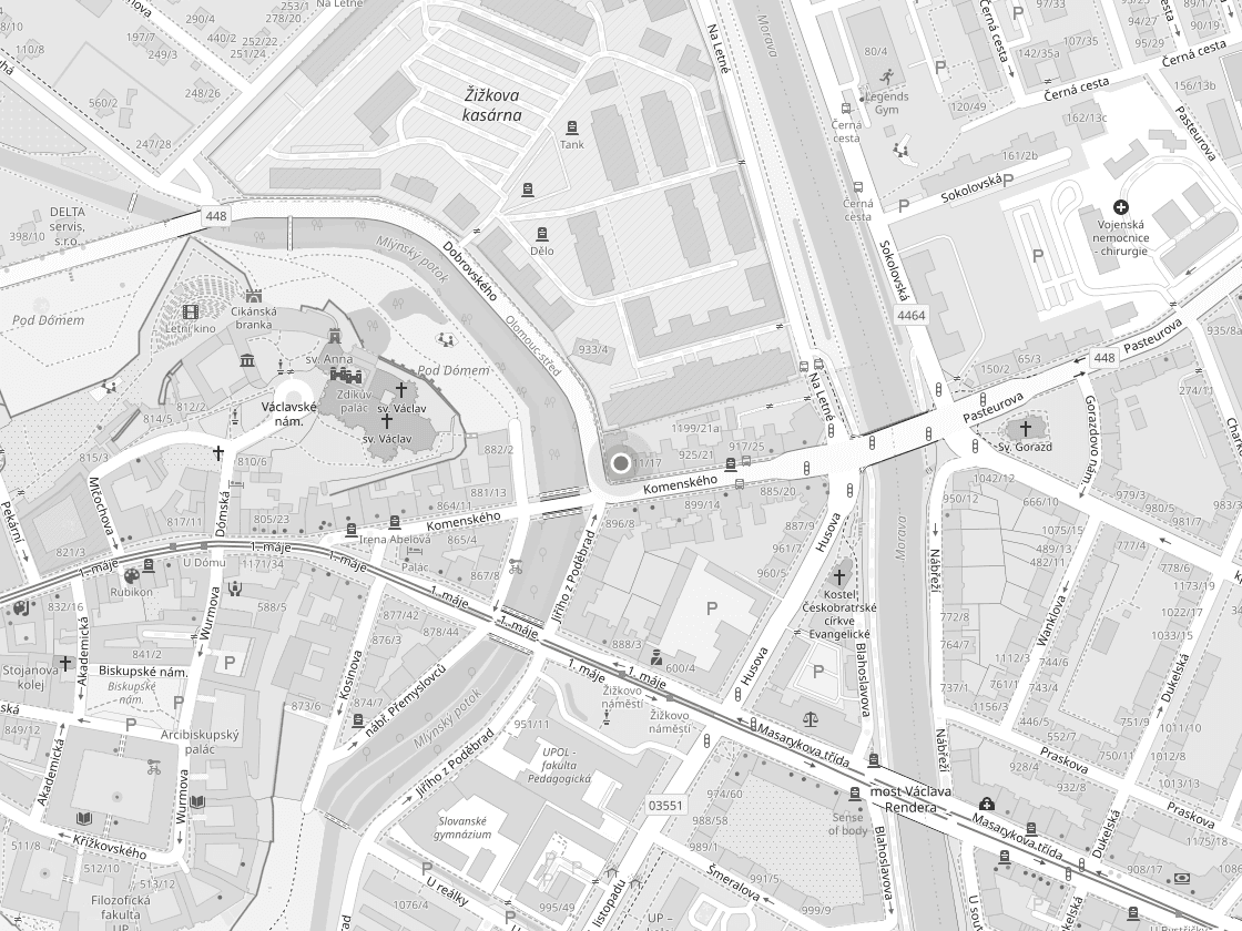Mapa centra Olomouce s vyznačenou polohou domu na rohu Dobrovského a Komenského
